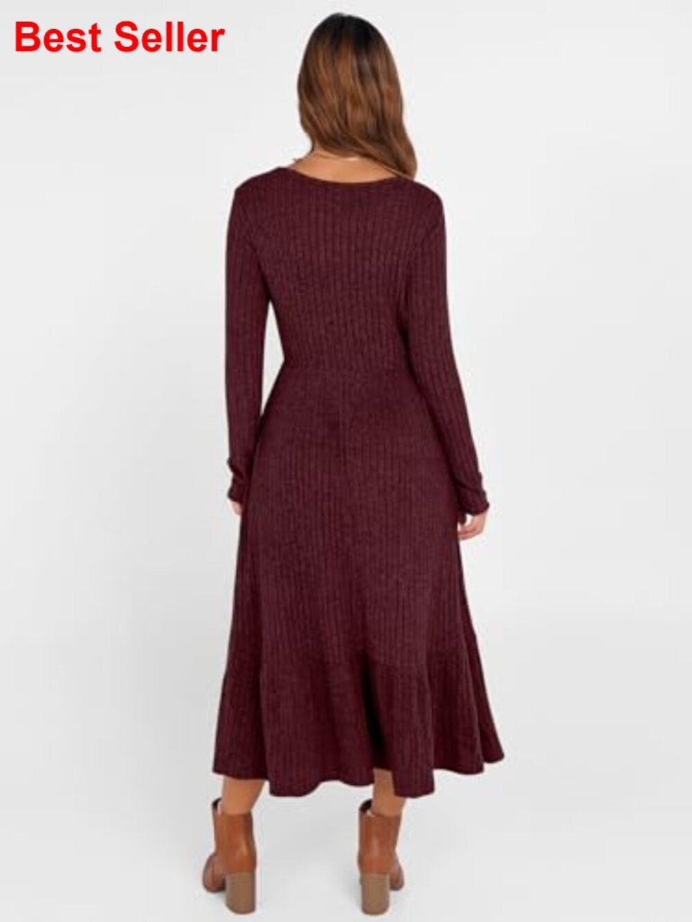 Rib Knit Crew Neck Long Sleeve Midi Dress with Pockets - Picture 5 of 7